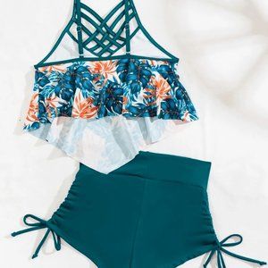 Tropical Lattice Front Shorts Bikini Swimsuit